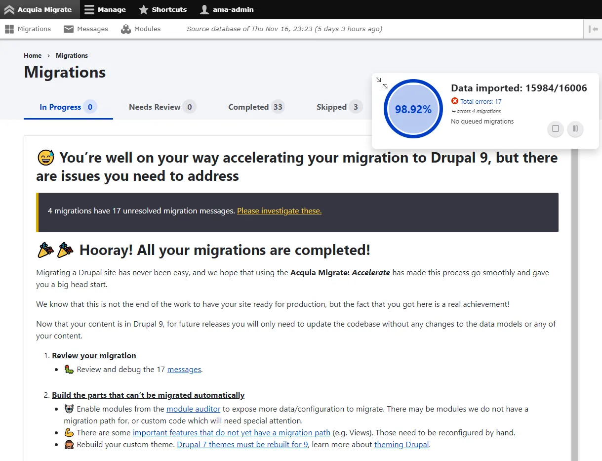 Acquia Migrate: Accelerate (AM) - 98% complete! 